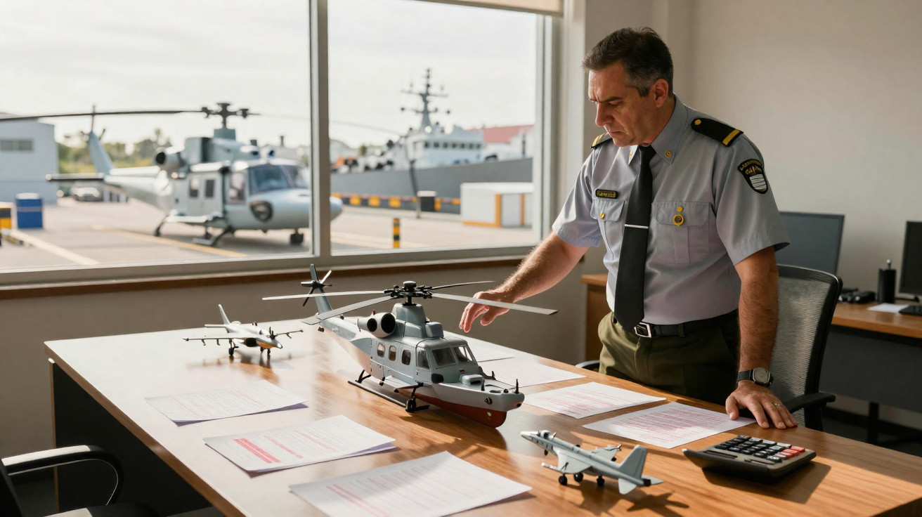 Homem em uniforme militar examina maquete de helicóptero em mesa de escritório com janelas para pista aérea.