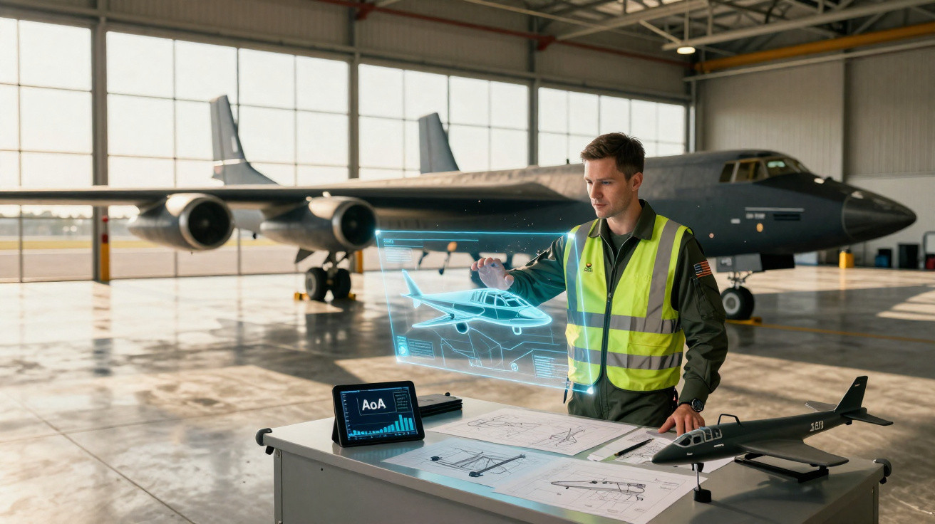 Homem em colete refletor interage com holograma de avião futurista em hangar com avião real ao fundo.