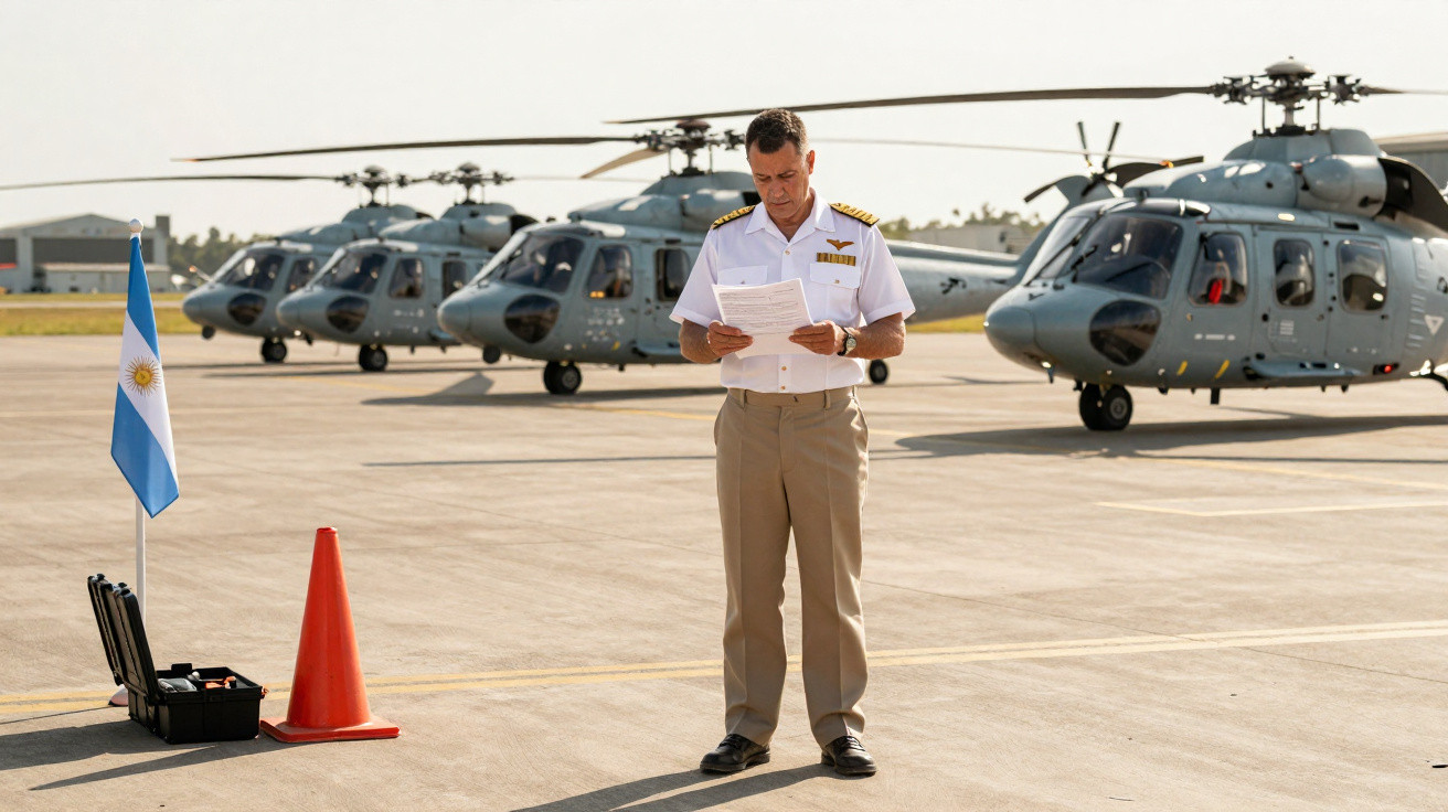 Militar em uniforme a ler documentos numa base aérea com helicópteros e bandeira da Argentina ao fundo.