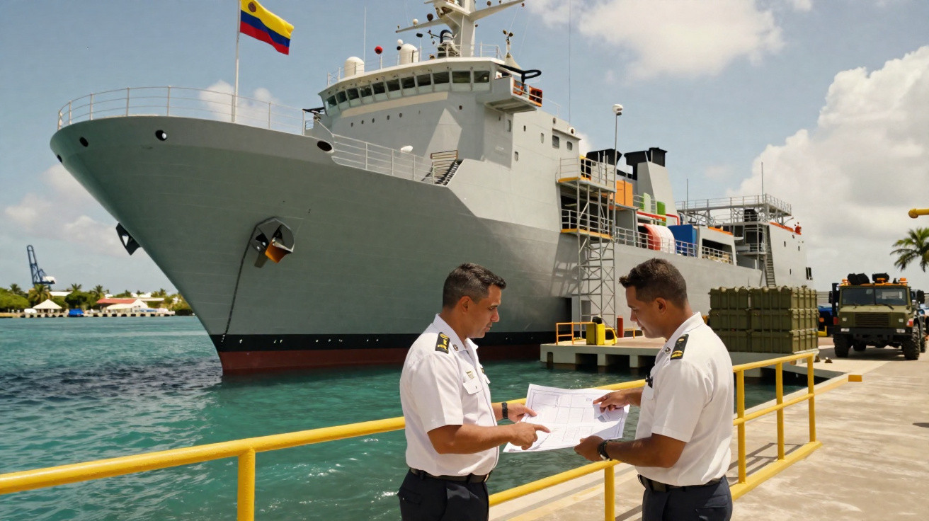 Dois militares junto ao cais com documentos, ao fundo navio militar e bandeira da Colômbia.