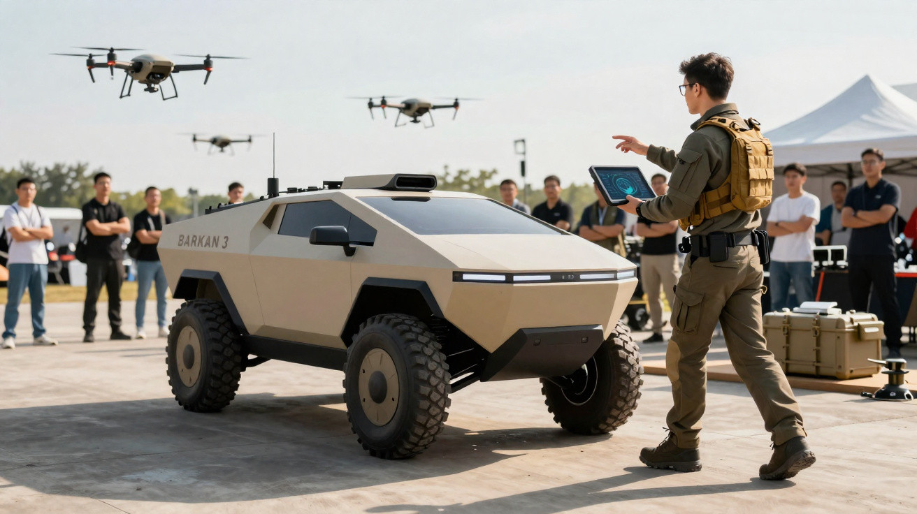 Soldado controla veículo militar autónomo Barkan 3 com drone em área aberta durante demonstração.
