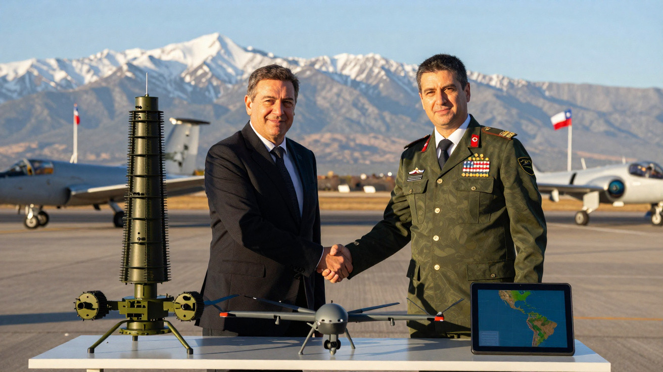 Dois homens, um em fato e outro em uniforme militar, cumprimentam-se junto a drones e ecrã, com aviões e montanhas ao fundo.