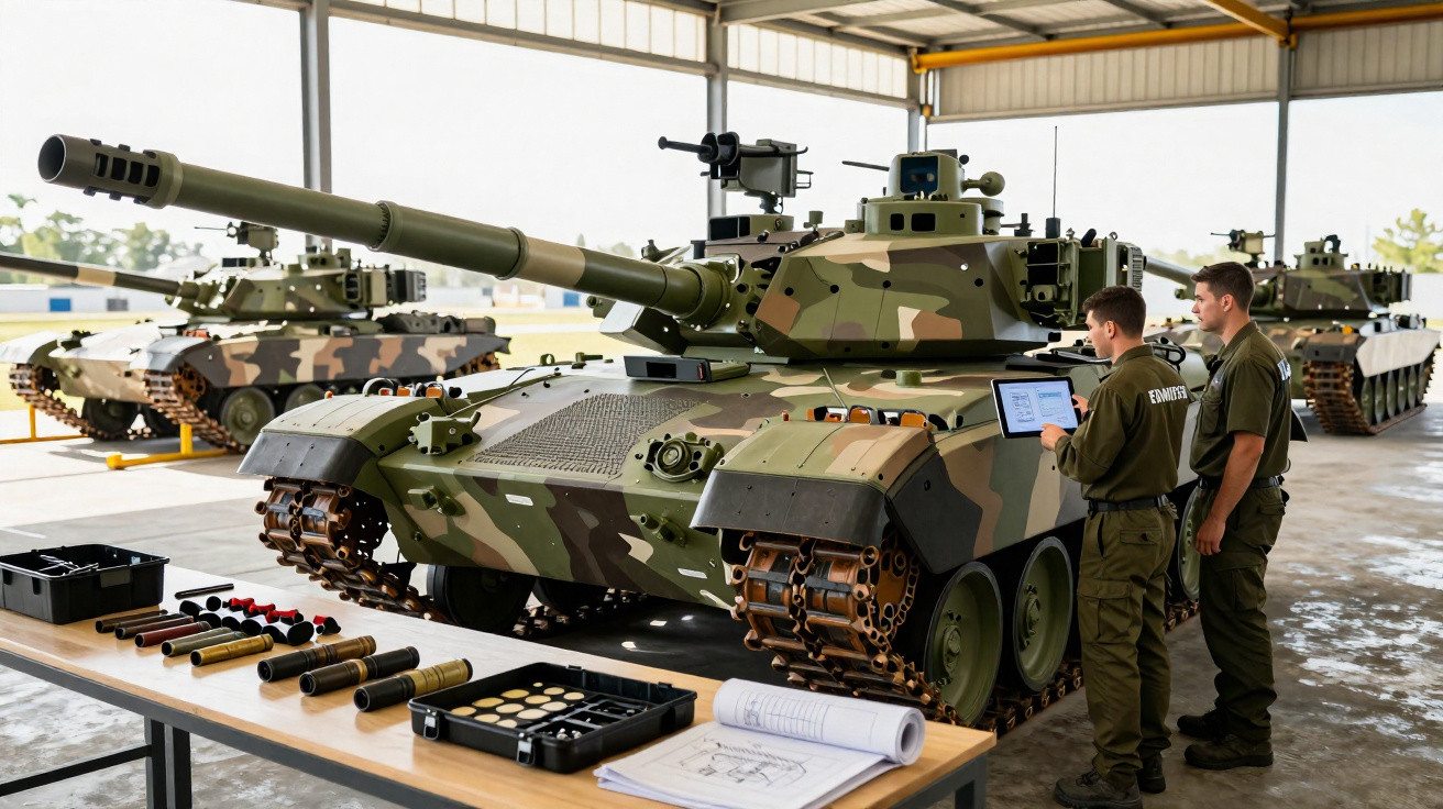 Dois militares inspecionam um tanque de guerra em loja com peças e documentos técnicos numa mesa.