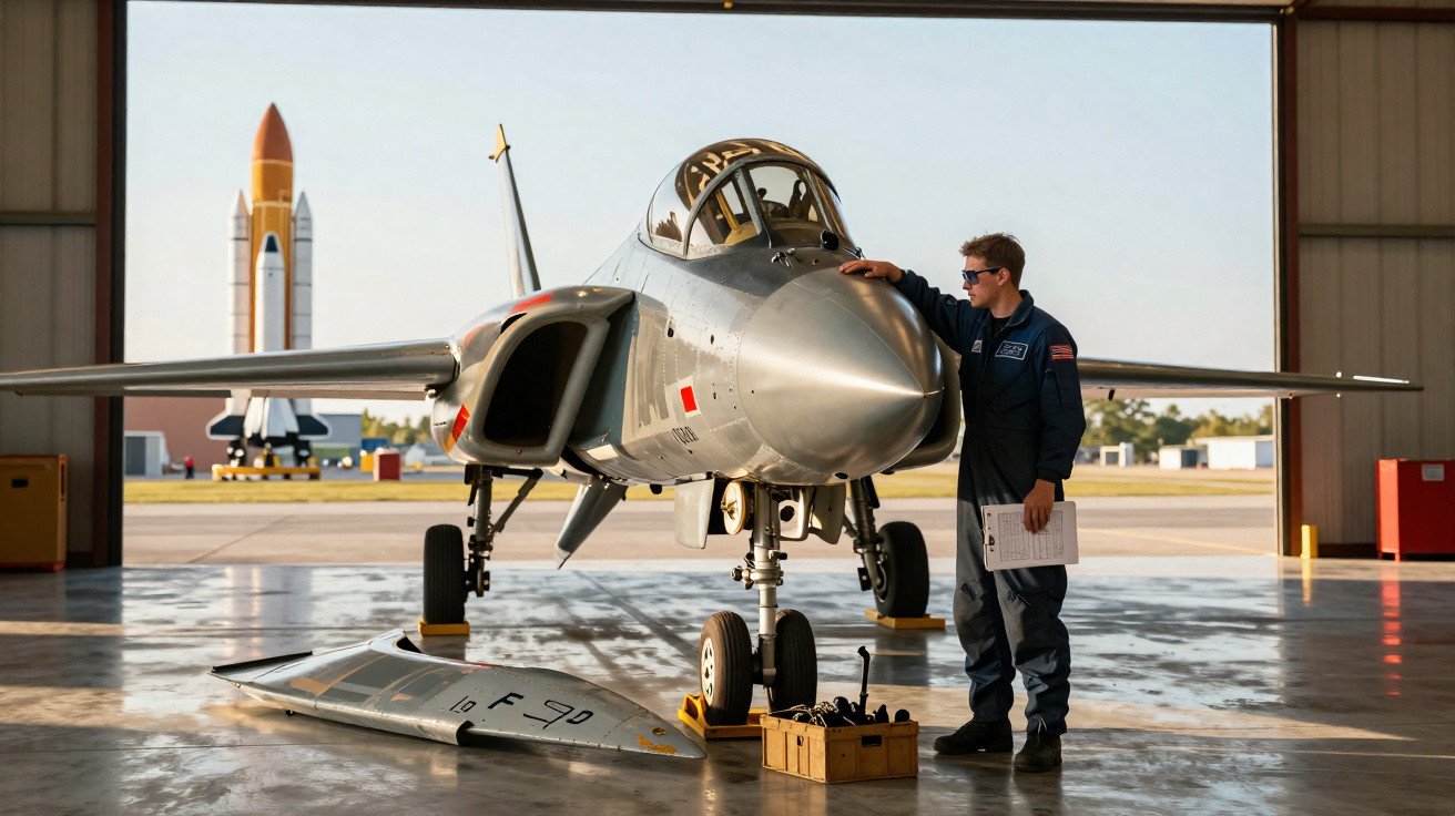 Militar inspeciona caça estacionado dentro de hangar com foguete no exterior ao fundo.