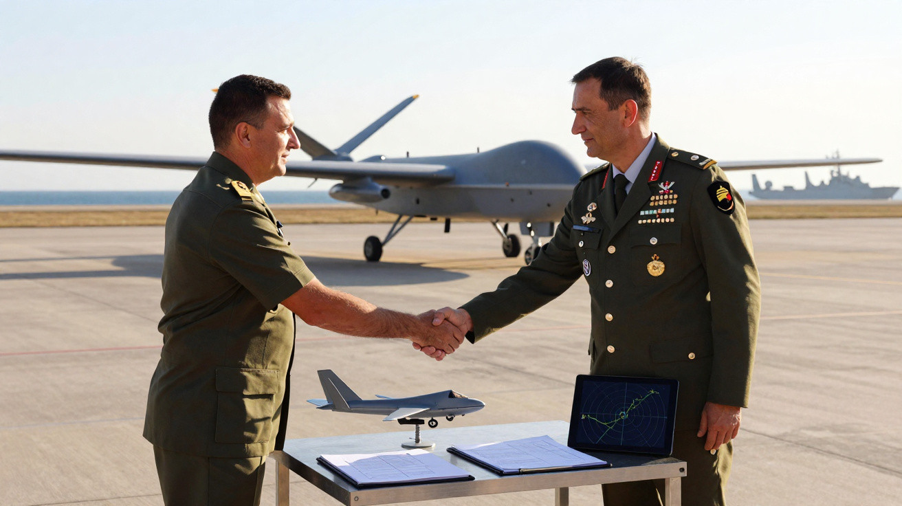 Três militares turcos em uniforme apertam as mãos junto a maquete de avião e drone numa pista de aeroporto.
