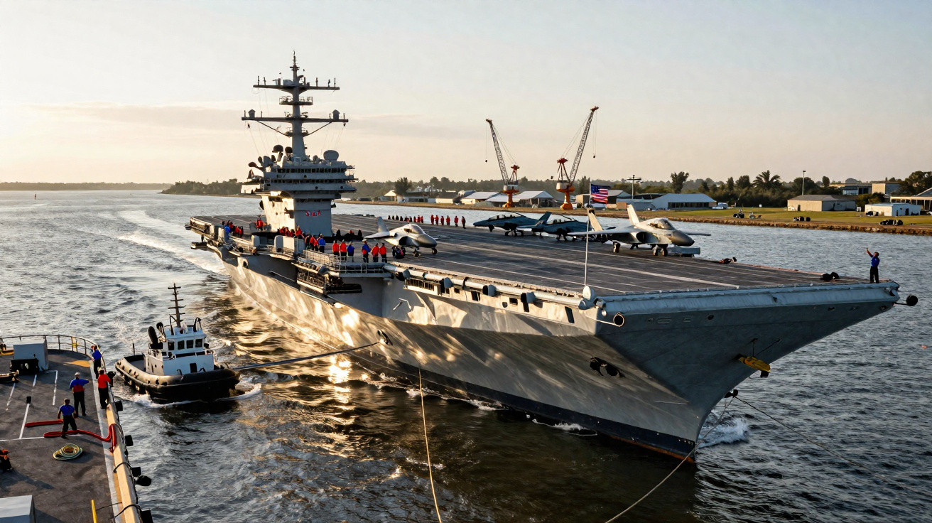 Porta-aviões a navegar próximo a um cais com tripulantes alinhados a bordo em sinal de despedida.