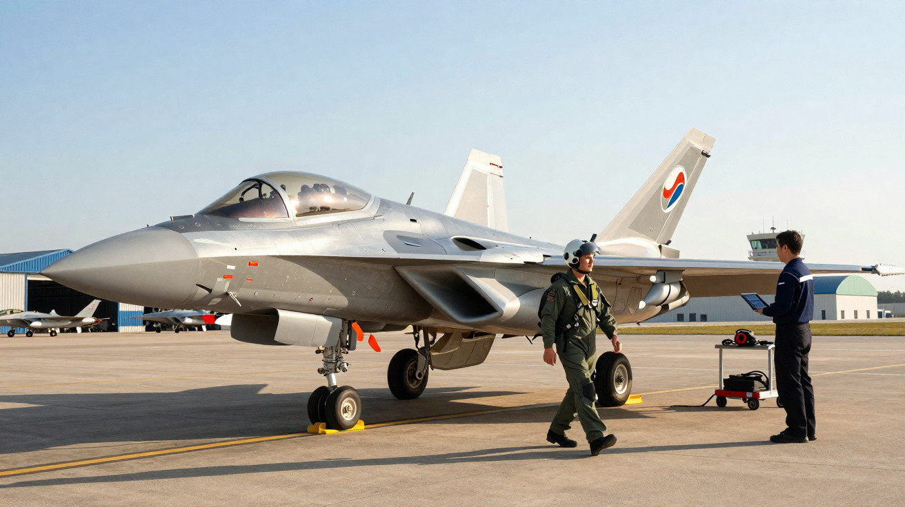 Caça militar branco estacionado numa pista com piloto e técnico de apoio no local.
