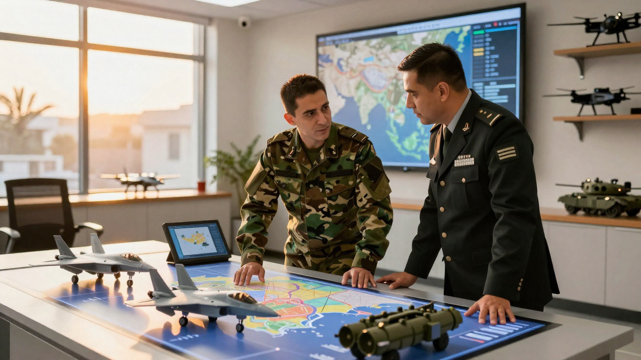 Dois militares planeiam estratégia numa sala com mapas digitais e miniaturas de veículos militares.