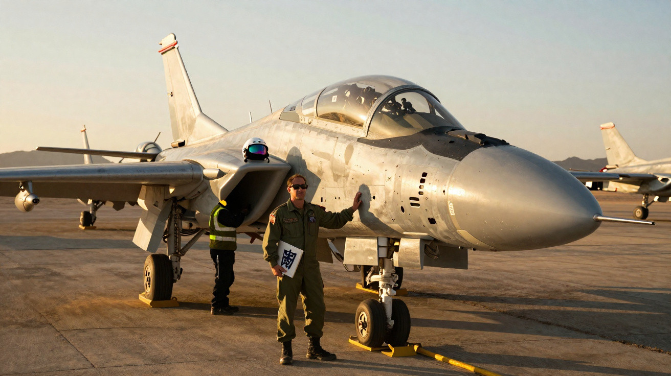 Piloto militar com farda e capacete posa junto a avião de caça estacionado em pista de aeroporto ao pôr do sol.