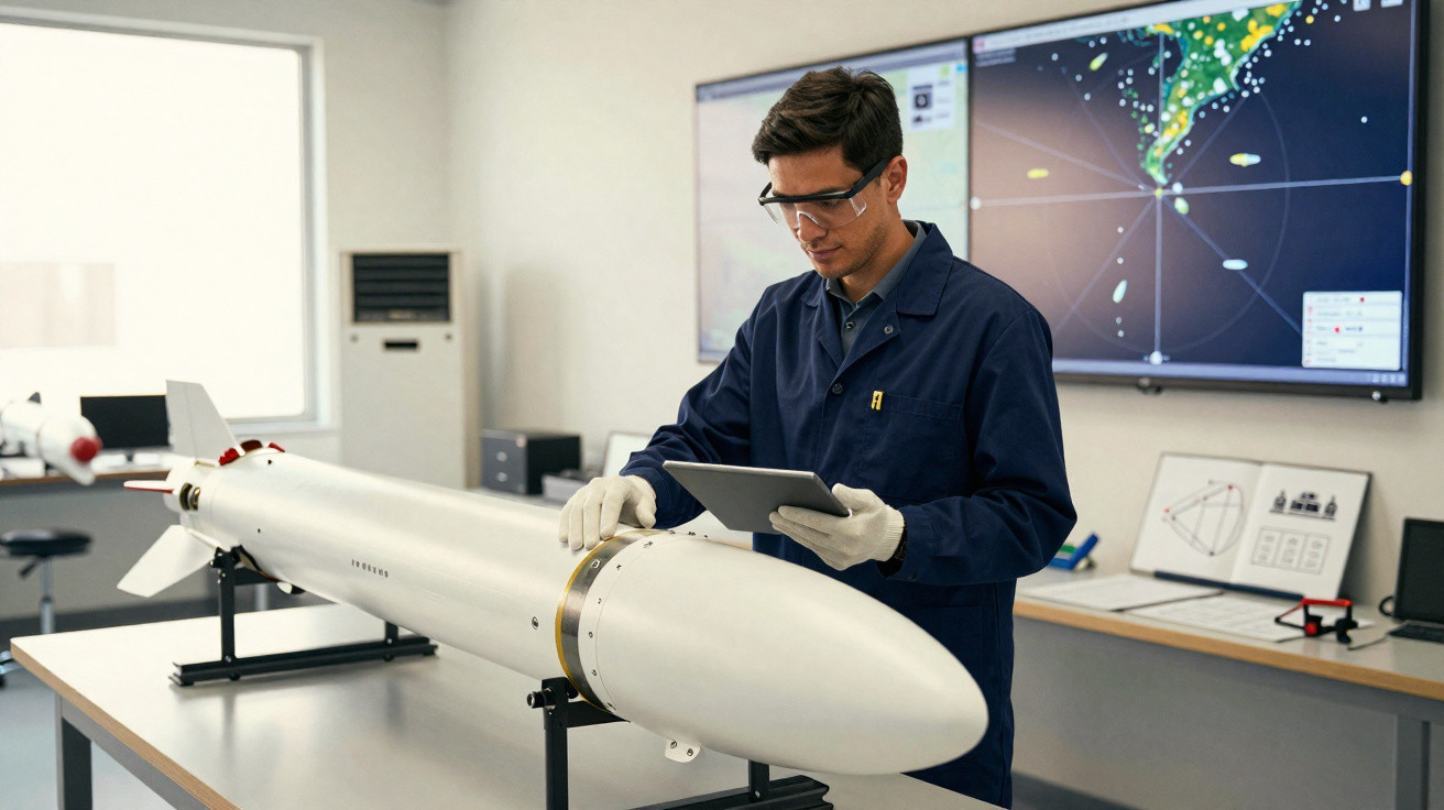 Homem em laboratório a inspecionar drone ou dispositivo tecnológico com tablet na mão.
