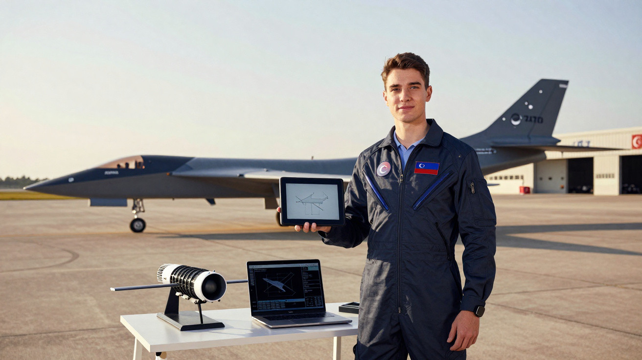 Jovem piloto turco em fato azul apresenta tablet com desenho técnico junto a motor de avião e jato no chão.