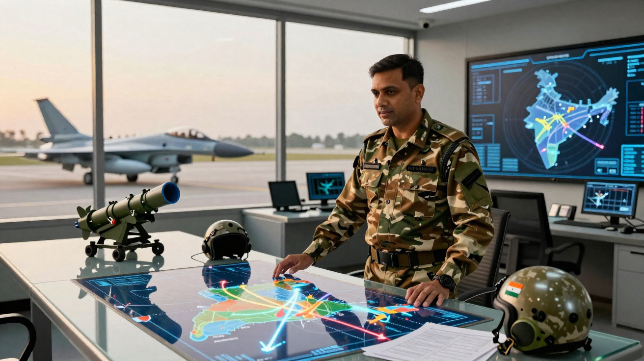 Oficial militar numa sala de controlo com mapas táticos digitais e um jacto militar visível através da janela.