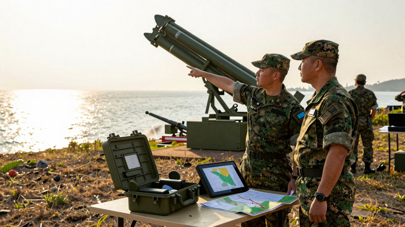 Dois soldados em uniforme camuflado observam o mar junto a mapas e equipamento militar na praia.