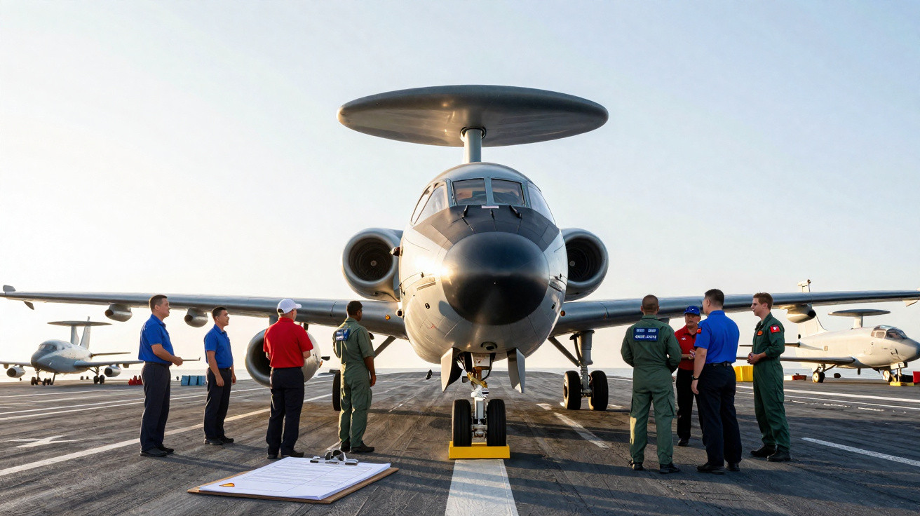 Aviões militares na pista com seis militares em uniforme a realizar inspeção ao equipamento.