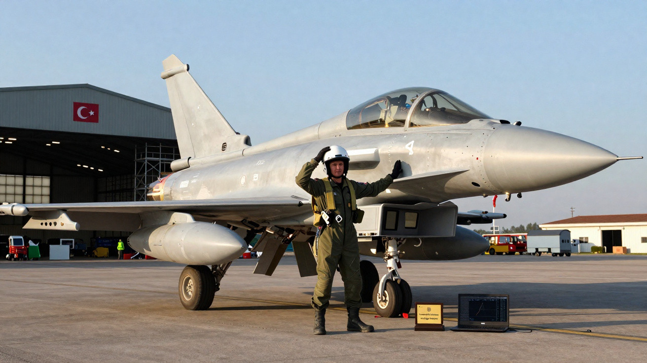 Piloto militar em fato de voo verde posa com capacete junto a jato de combate em pista de aeroporto.