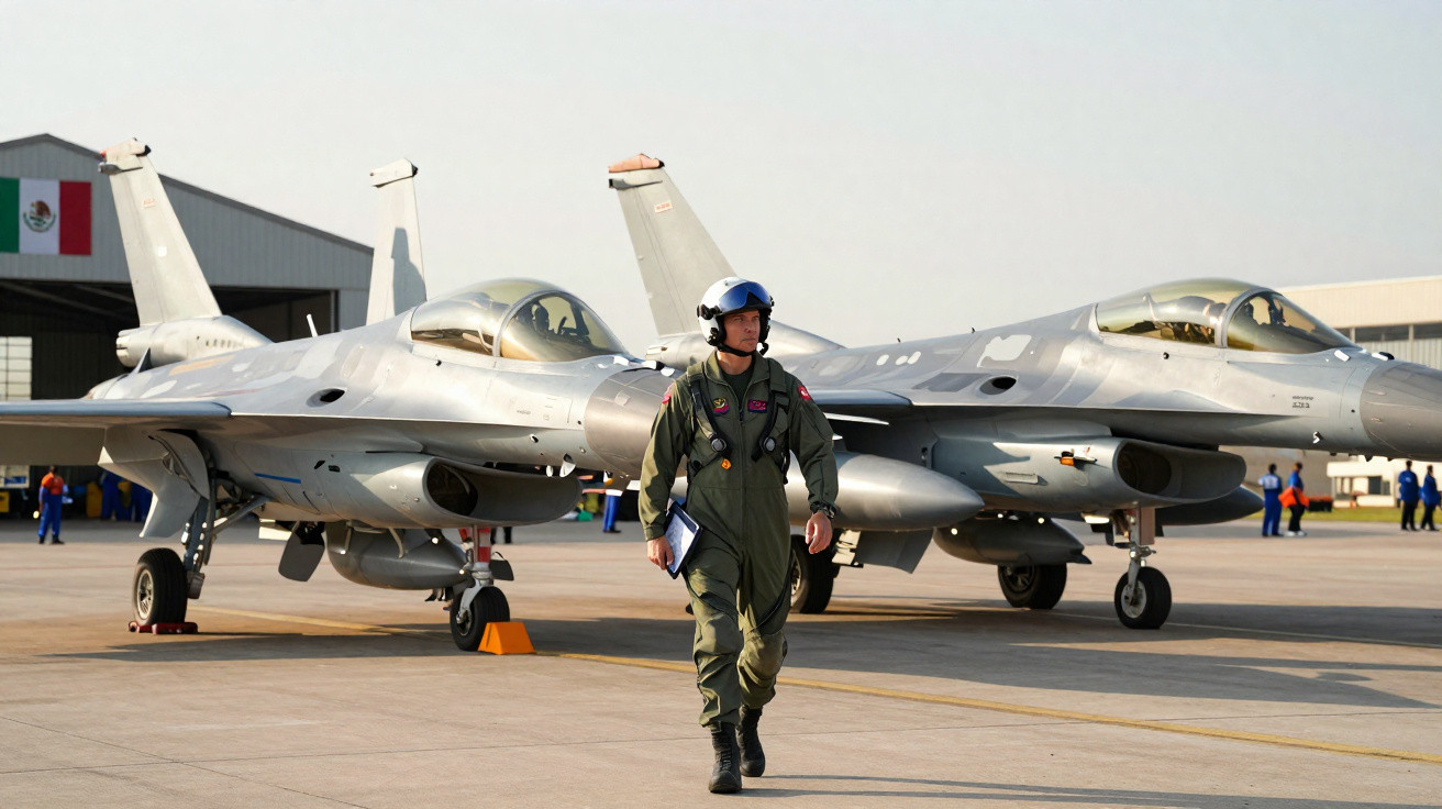 Piloto militar com fato de voo e capacete, com dois jatos de combate estacionados num aeródromo.