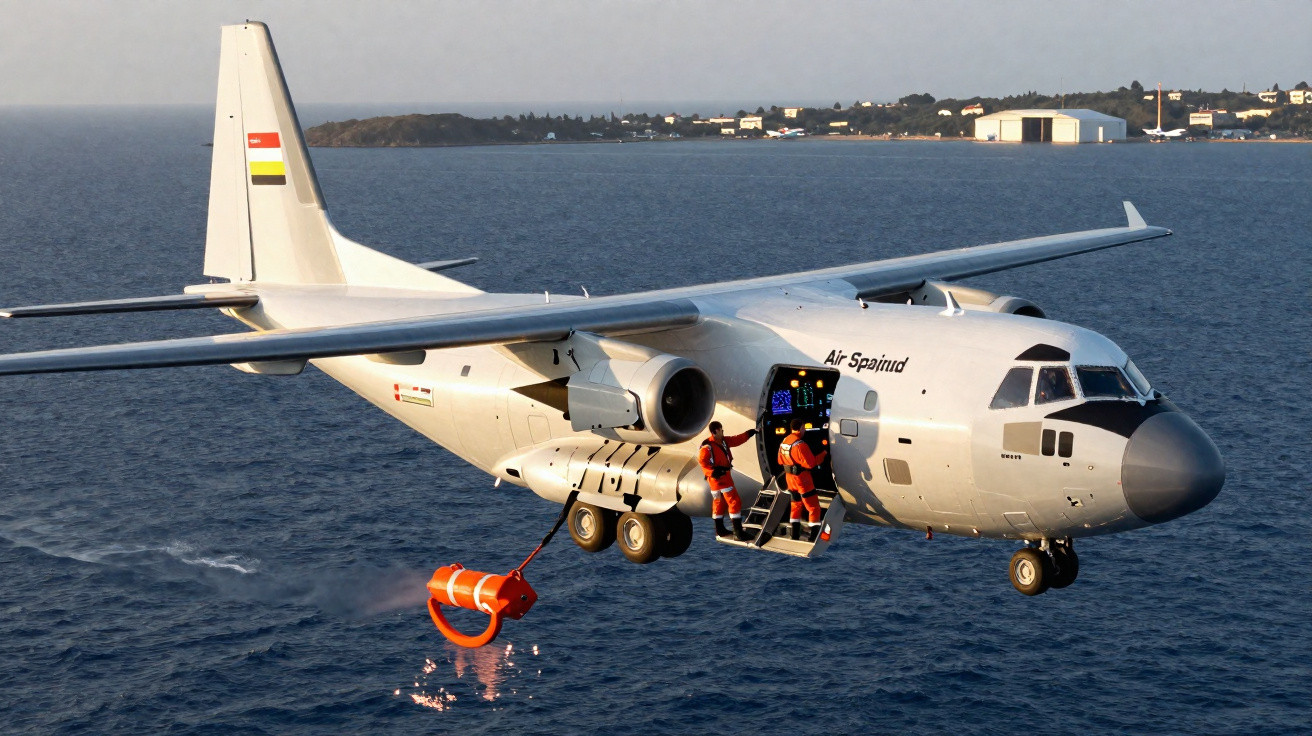 Avião de resgate aéreo branco sobre o mar com tripulação a preparar operação de salvamento.