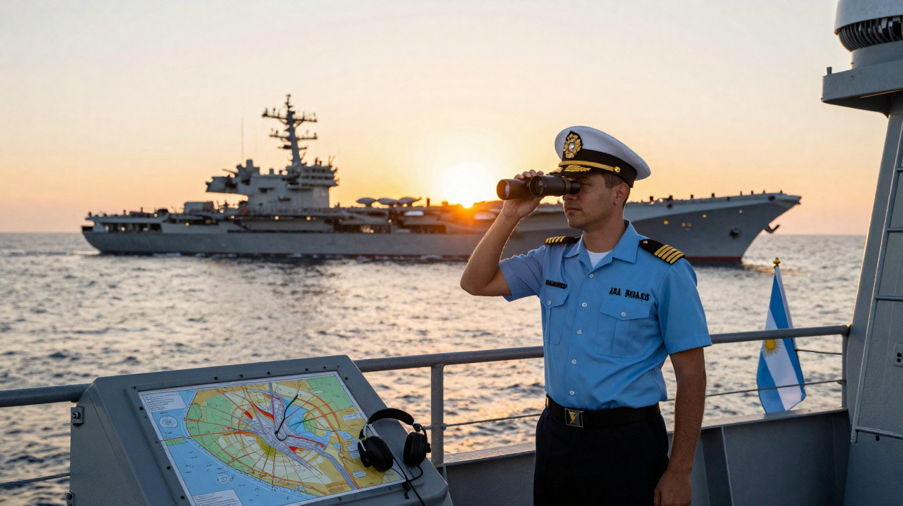 Marinheiro naval em uniforme azul observa o mar ao pôr do sol com binóculos, porta-aviões ao fundo.