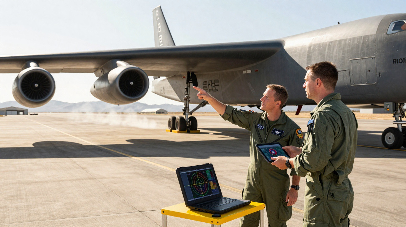 Três homens, dois em fato de piloto, junto a computador e tablet em pista com avião militar cinza ao fundo.