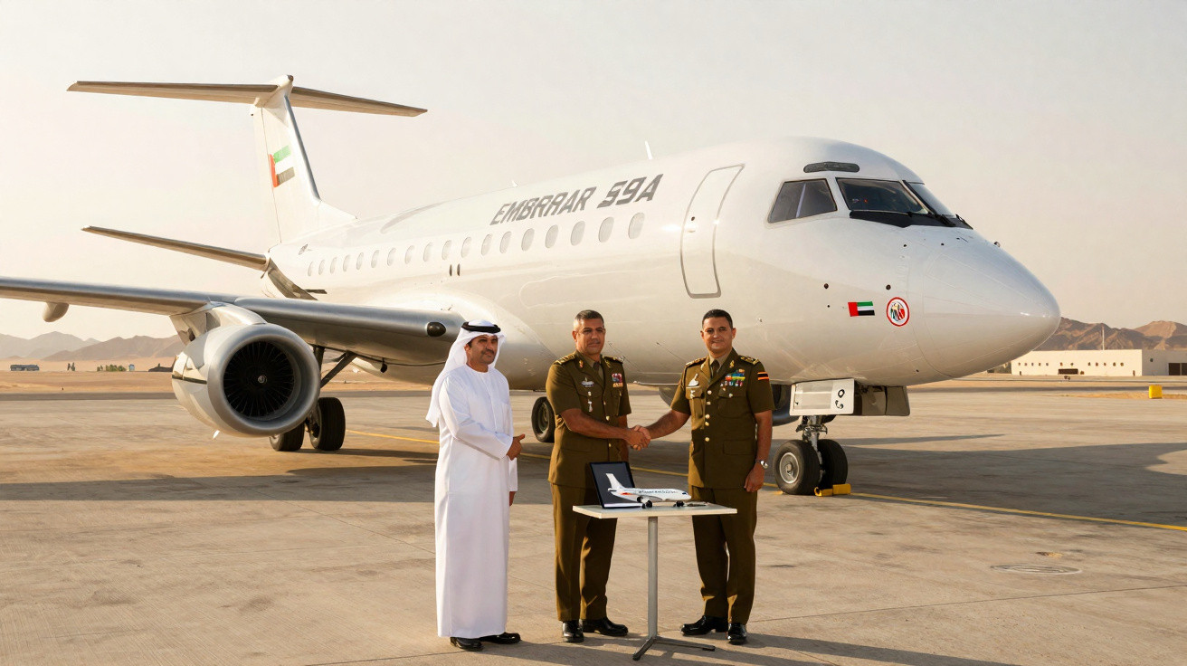Dois homens, um em traje árabe e outro em uniforme militar, apertam as mãos junto a um avião Embraer no aeroporto.