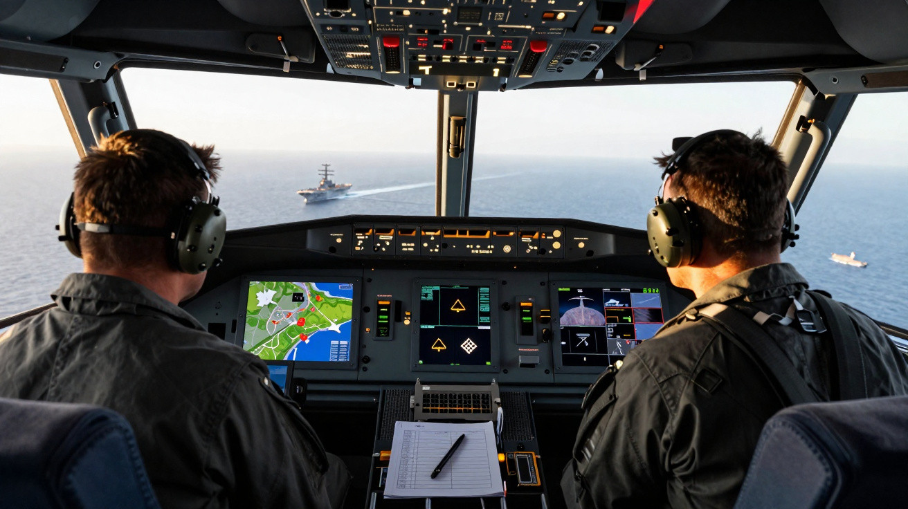 Dois pilotos no cockpit de um avião militar com vista para navios no mar através do para-brisas.