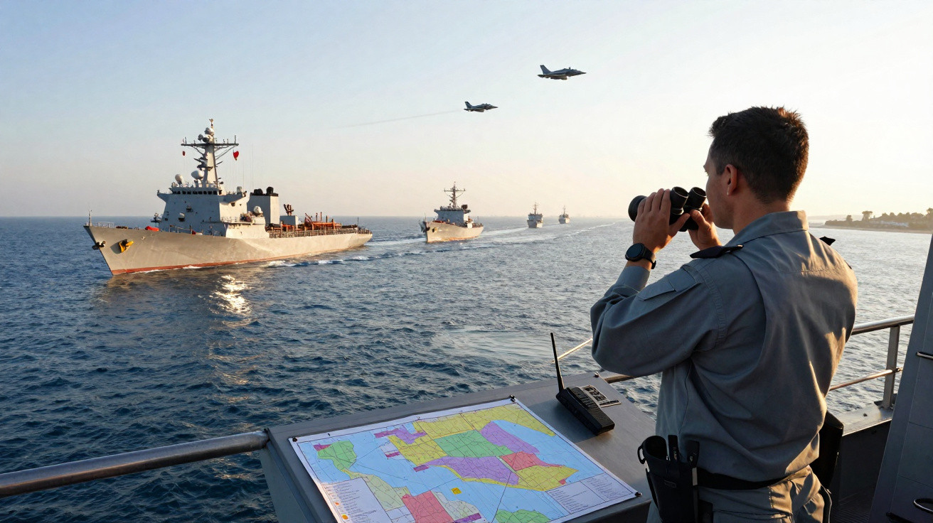 Homem com binóculos observa frota naval com vários navios e dois jatos militares a sobrevoar o mar ao pôr do sol.
