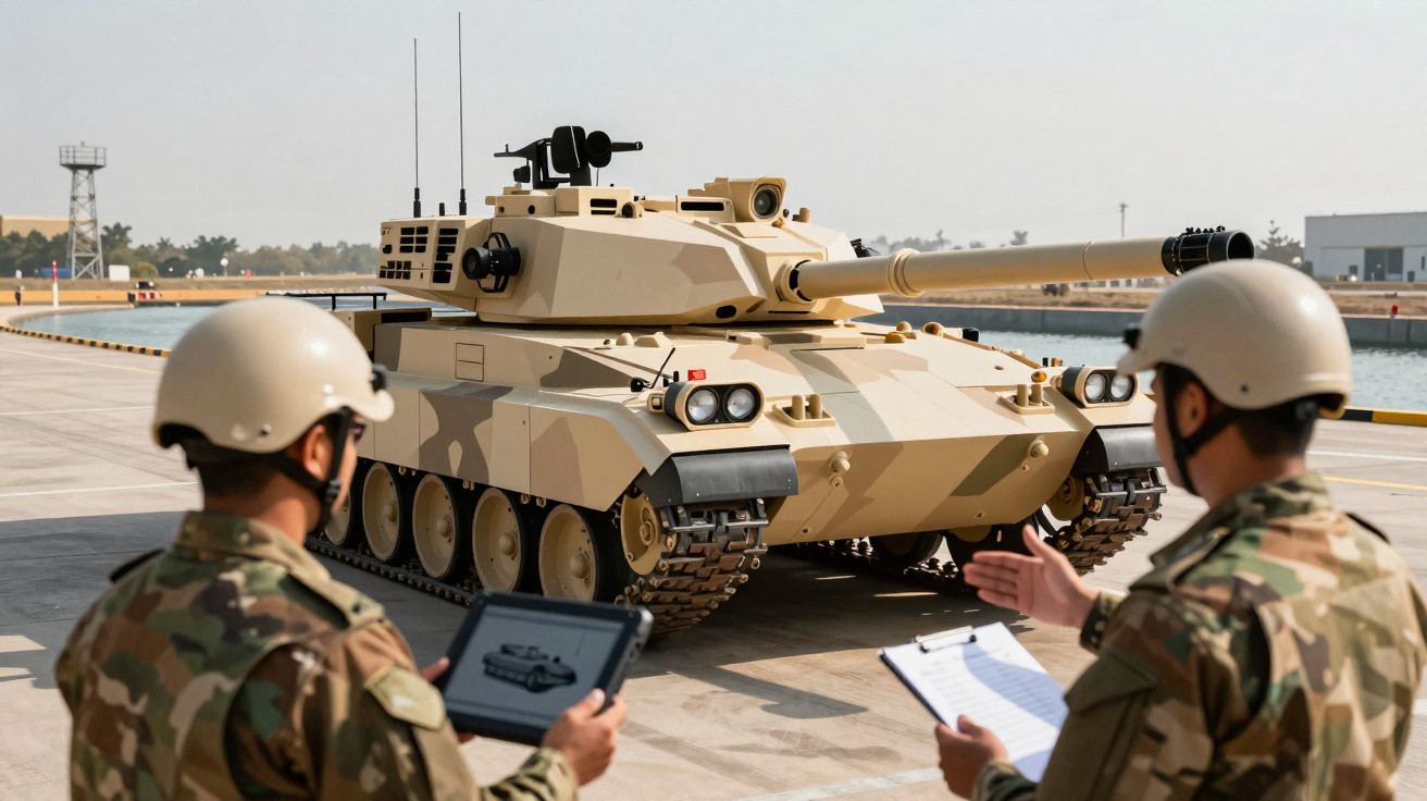 Tanque de combate ligeiro camuflado com padrão deserto, em exposição, observado por dois soldados com capacete e equipamentos