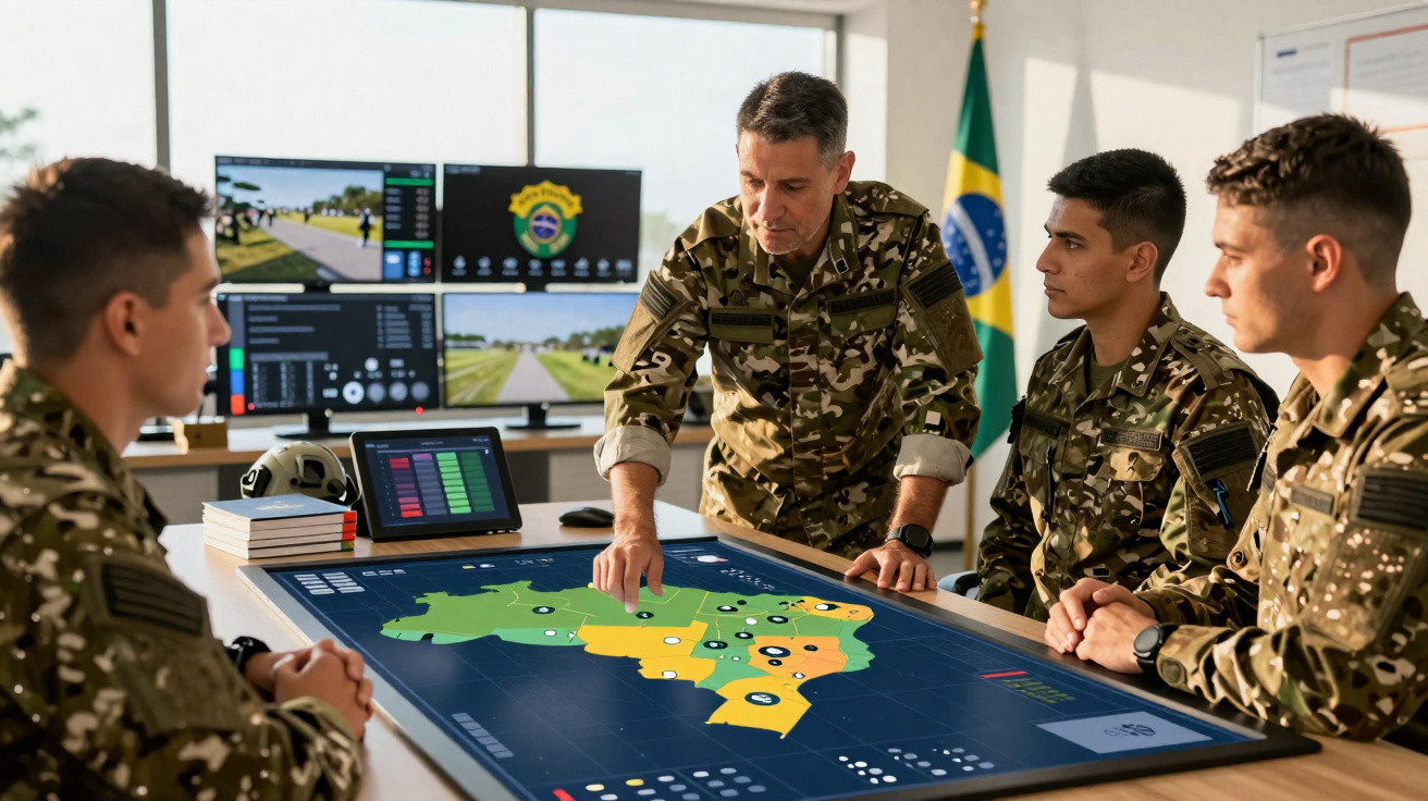 Quatro militares brasileiros em uniforme coordenam estratégia sobre mapa digital do Brasil numa sala de comando.