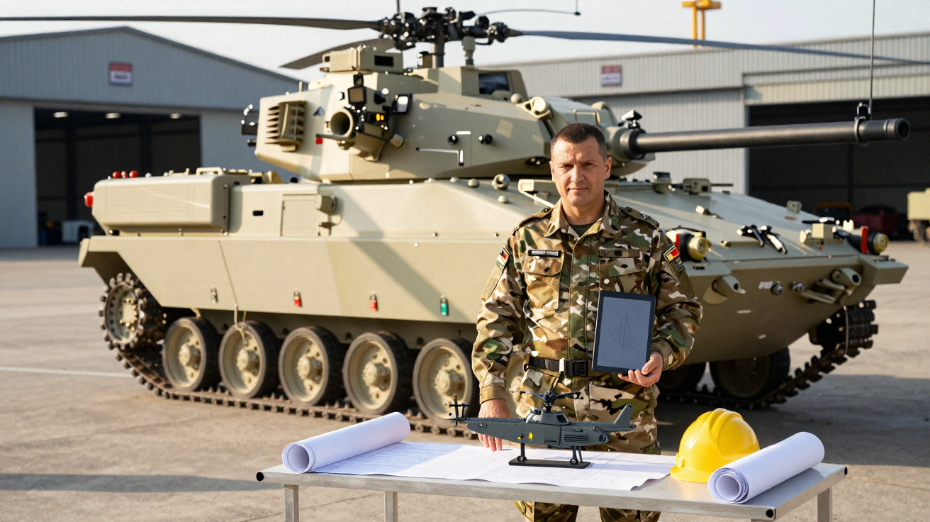 Militar em uniforme camuflado junto a mesa com maquete de helicóptero e projeto, tanque militar ao fundo.