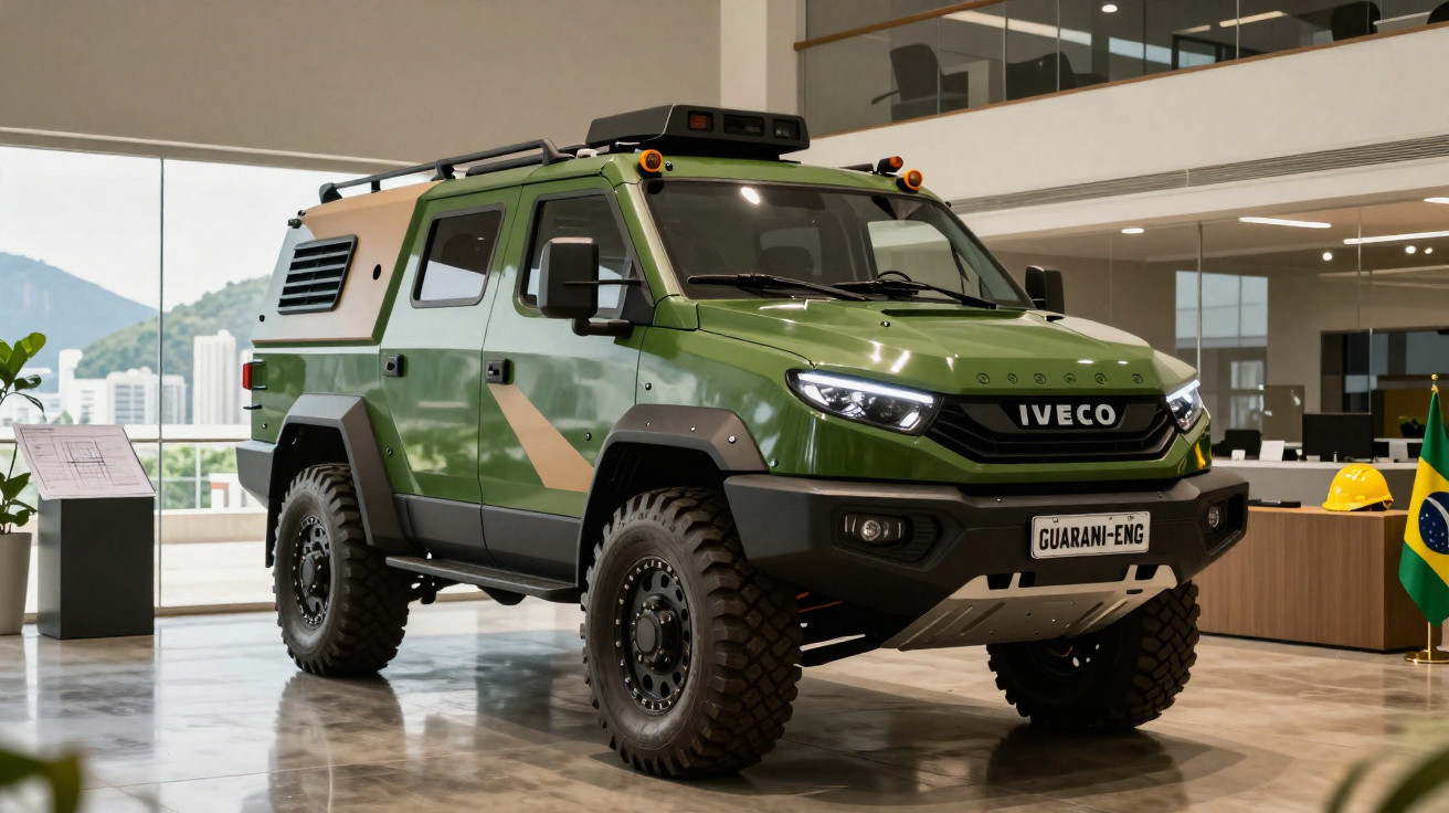 Veículo utilitário todo-o-terreno verde da Iveco exposto em showroom moderno com bandeira do Brasil ao lado.