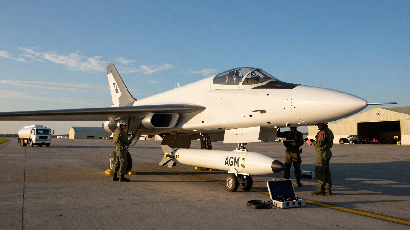 Avião militar branco no solo com dois técnicos em uniforme a realizar manutenção.