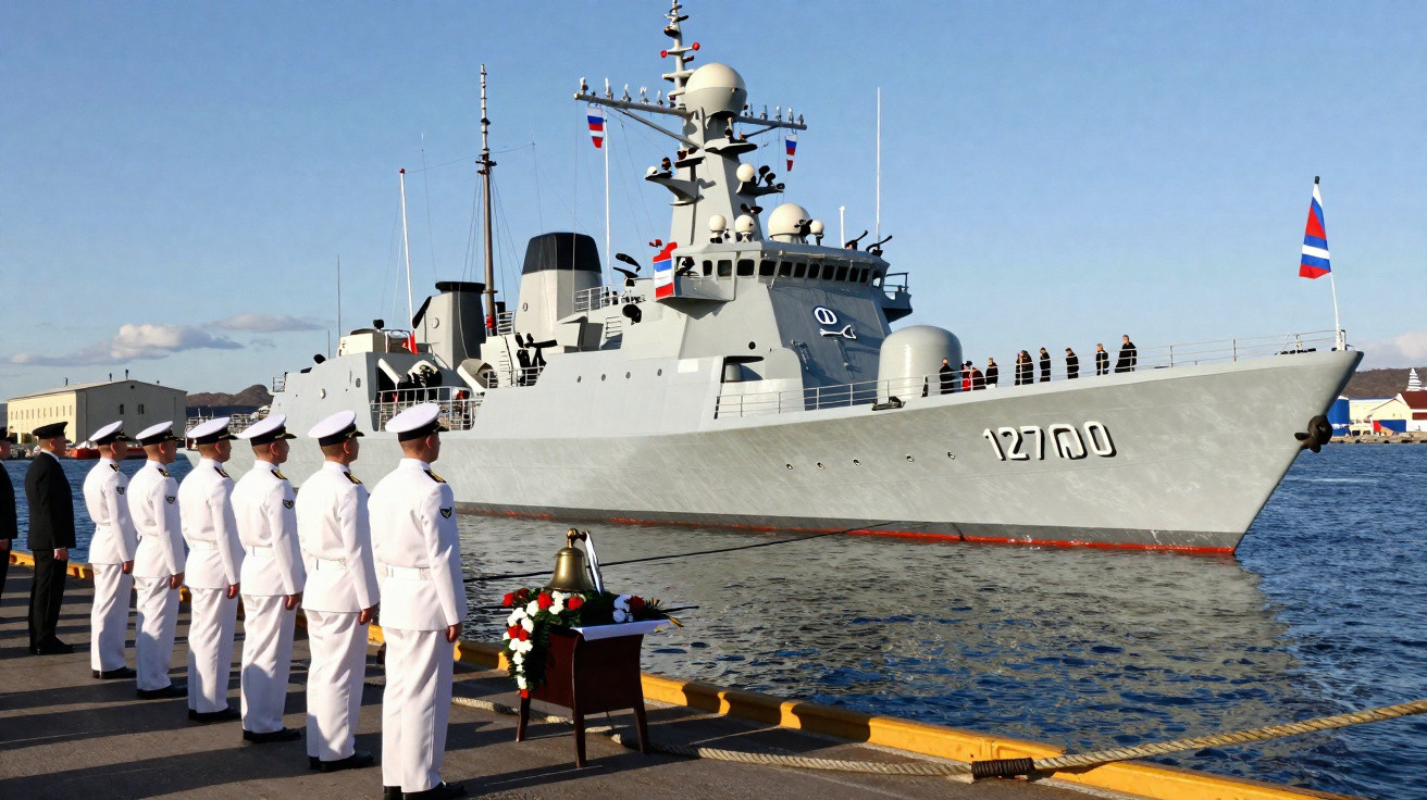 Marinheiros em uniforme branco alinhados no cais junto a navio militar decorado com bandeiras náuticas.
