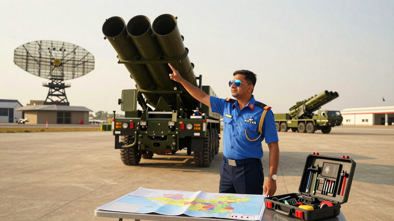 Militar em uniforme azul aponta para lançadores de mísseis em base aérea, mapa e caixa de ferramentas numa mesa à frente.