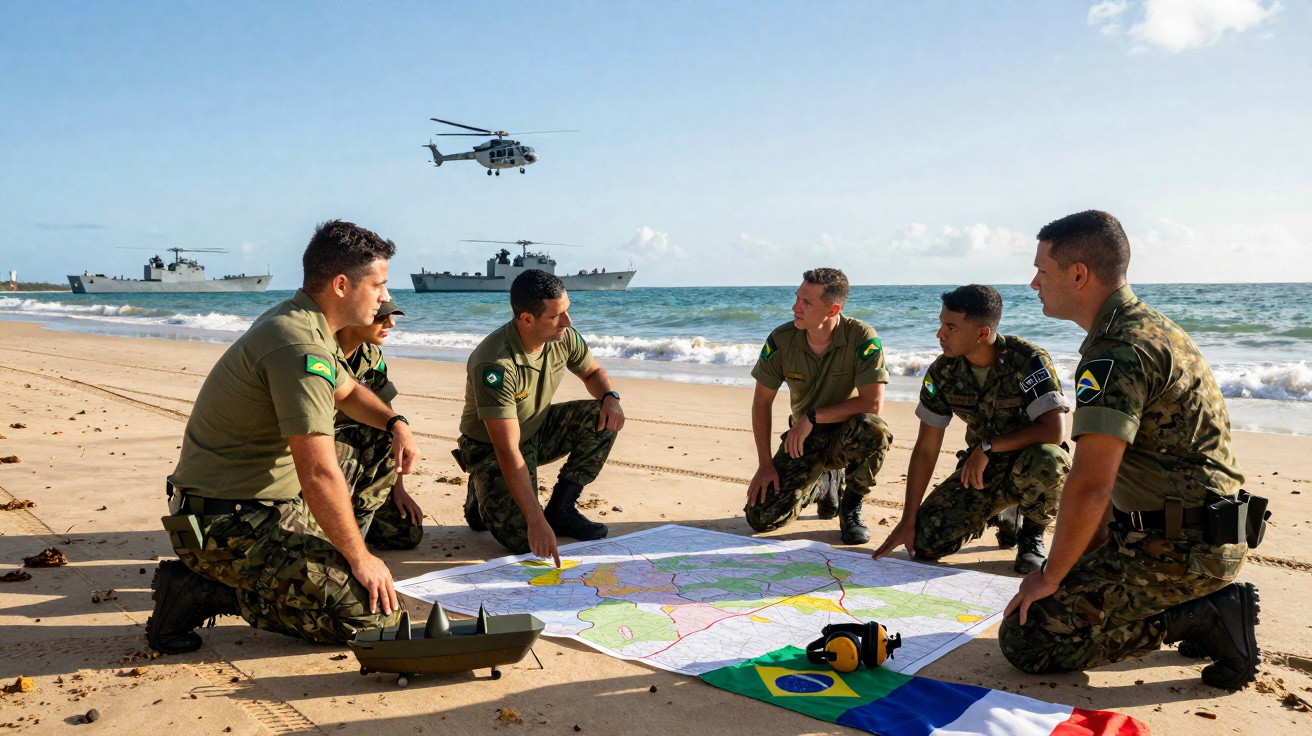 Cinco militares reunidos na praia com mapas e bandeiras do Brasil e França, com navios e helicóptero no mar.