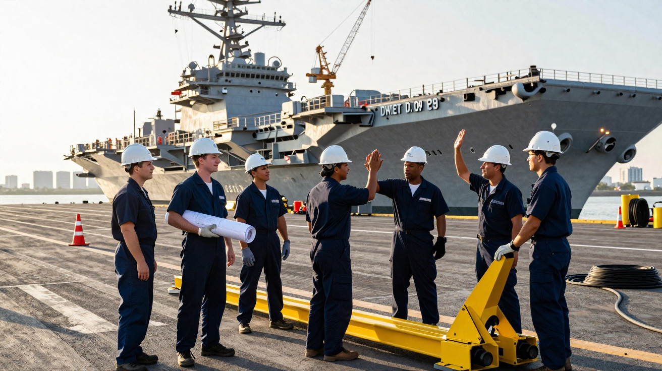 Marinheiros com capacetes e fardas azuis frente a um porta-aviões a bordo de um navio de guerra.