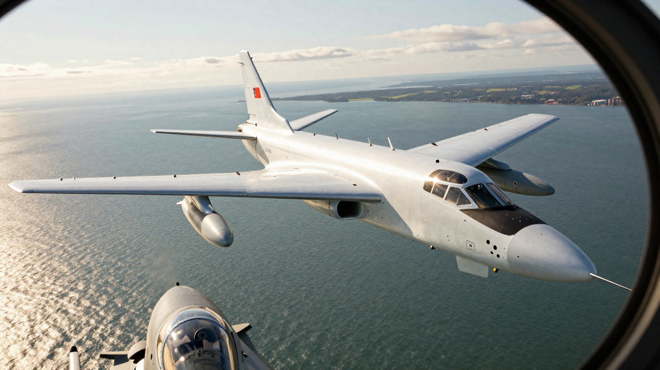 Avião militar branco a voar sobre o mar, visto ao lado de outro avião em primeiro plano.
