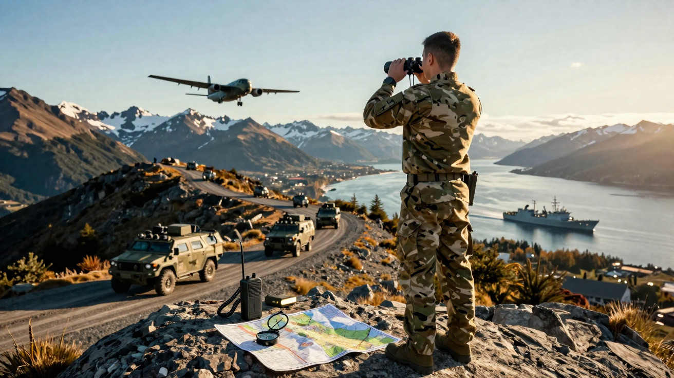 Soldado observa avião com binóculos, veículos militares em estrada, mapa e navio num fiorde montanhoso ao pôr do sol.