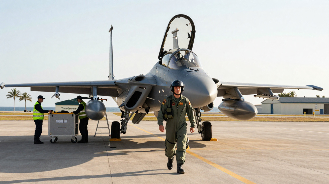 Caça F-15 estacionado na pista com piloto a caminhar e técnicos a trabalhar ao fundo numa base aérea.
