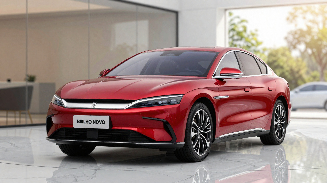 Carro sedan vermelho moderno estacionado em espaço interior bem iluminado com chão em mármore.