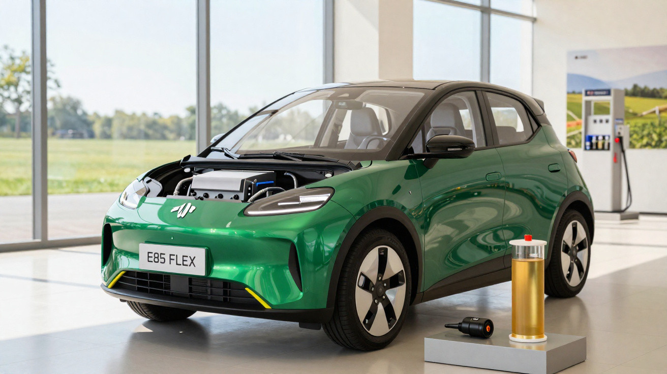 Carro elétrico verde com motor exposto, placa "E85 FLEX" em exibição numa sala moderna e luminosa.