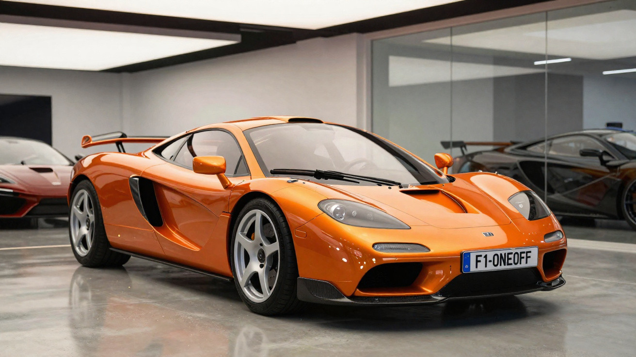 Carro desportivo laranja estacionado em garagem moderna com paredes espelhadas e outro carro visível ao fundo.