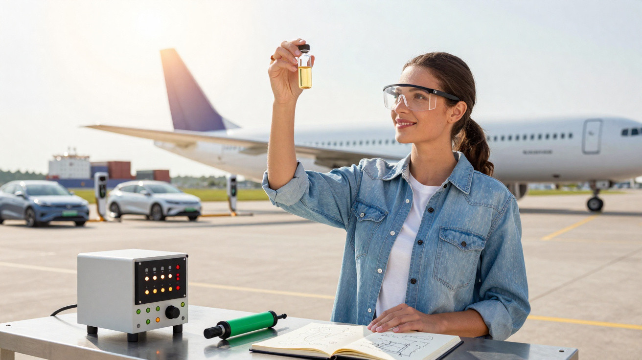 Mulher com óculos de proteção analisa frasco com líquido amarelo junto a avião e livros no aeroporto.