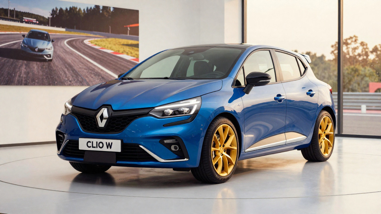 Renault Clio azul metálico com jantes douradas exposto em showroom com painéis de carros de corrida.