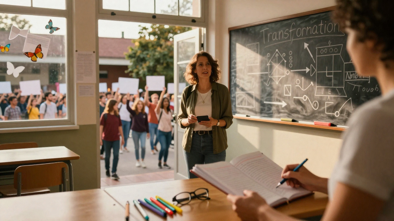 Professora na sala de aula com livro aberto observa protesto de estudantes com cartazes pela janela.