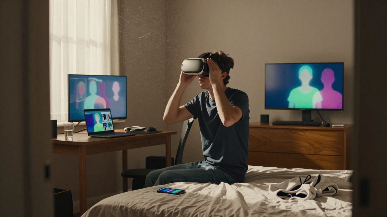 Jovem sentado na cama a usar óculos de realidade virtual numa sala com computador e televisão ligados.
