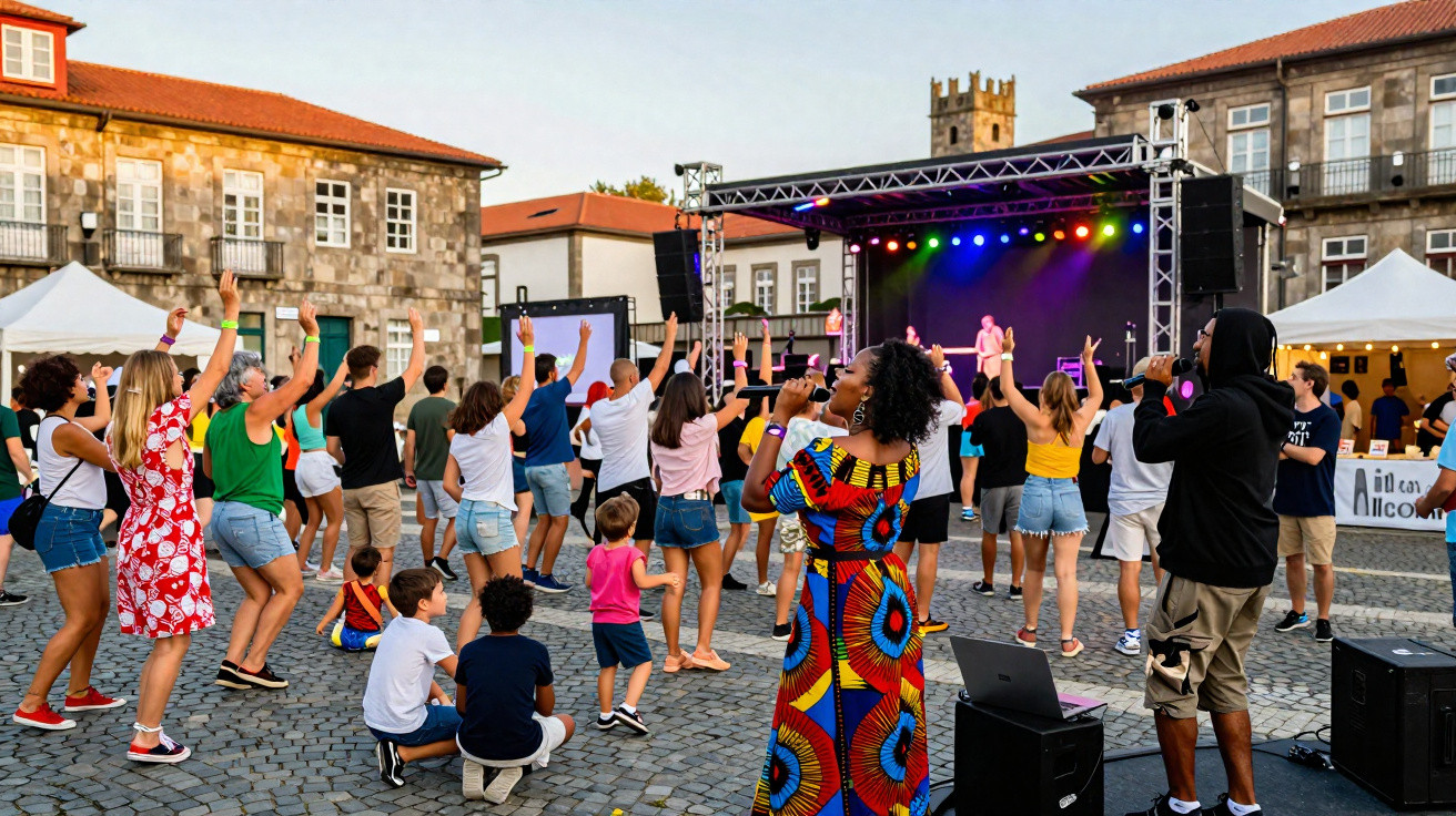 Pessoas a dançar e cantar numa praça ao ar livre, com palco iluminado e edifícios históricos ao fundo.