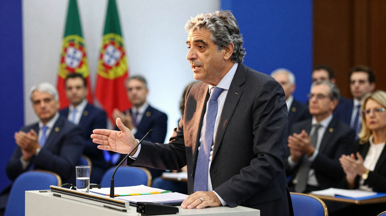 Homem de fato a discursar num púlpito com pessoas ao fundo a aplaudir e bandeira de Portugal à direita.