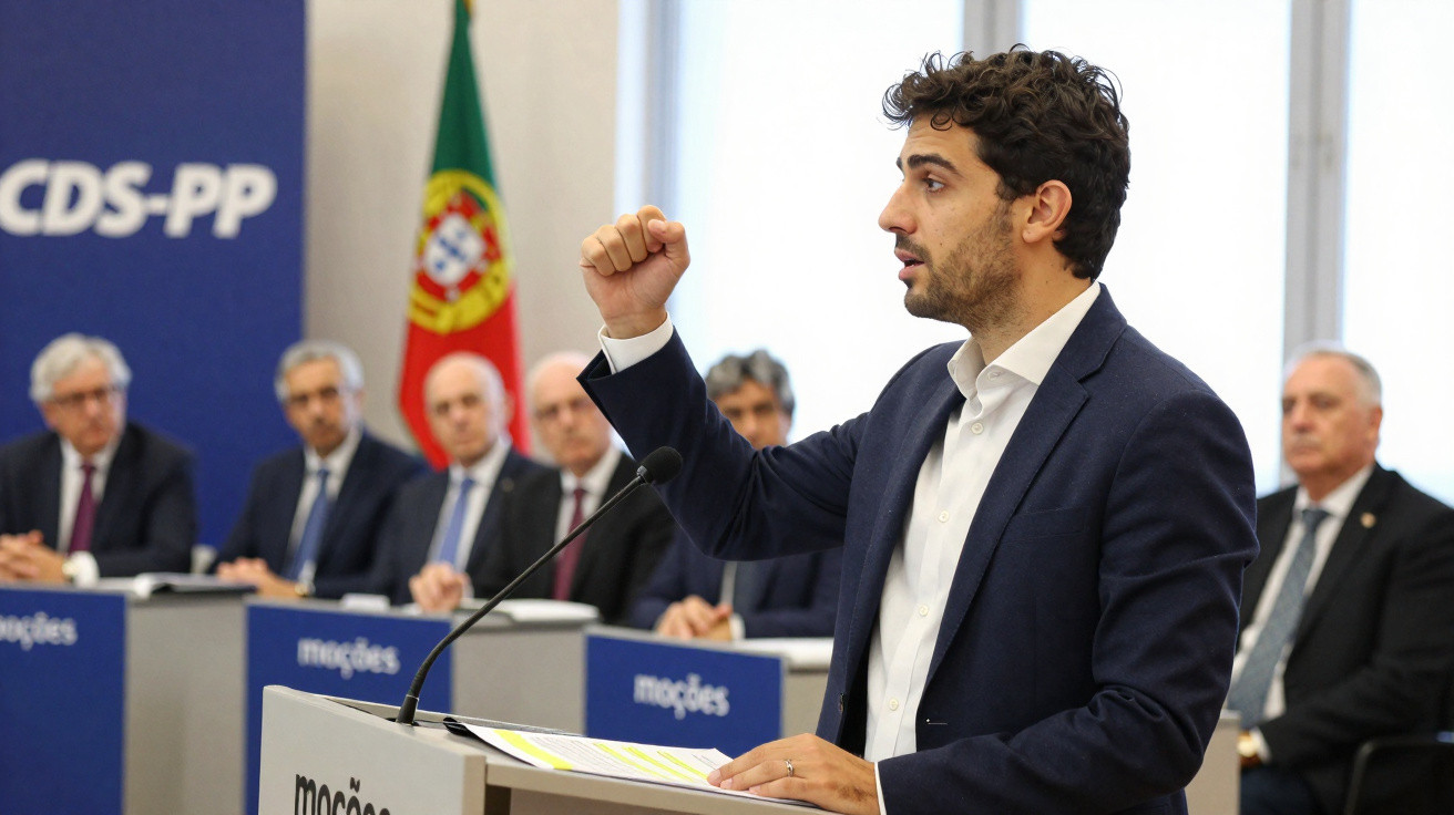 Homem a discursar num púlpito com microfone, com painel CDS-PP e bandeira de Portugal ao fundo.
