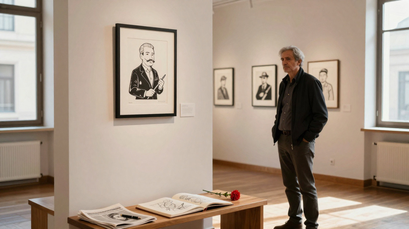Homem observa retratos em exposição de arte num espaço amplo com luz natural.