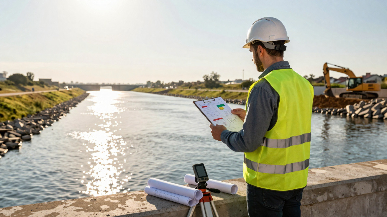 Engenheiro de segurança com colete e capacete a analisar relatório junto a canal de irrigação em construção.